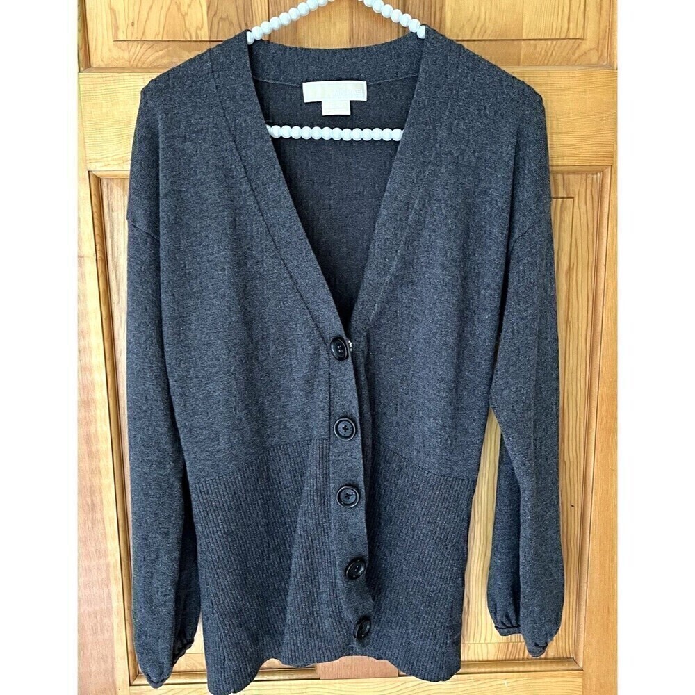 Michael Kors Womens Cardigan Sweater Sz M Gray Knit Fall Winter Dark Academia